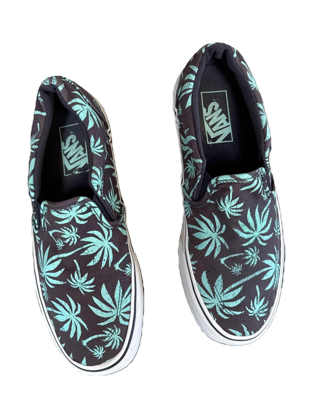 Vans Slip-On Sneakers in Black with Green Leaf Print 8